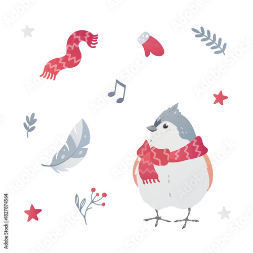 Little titmouse and cozy winter season elements set. Cute chickadee wearing a red scarf. Bird feather, rowan berries, mittens, branches. Winter songbird illustration for holiday card and kids design.