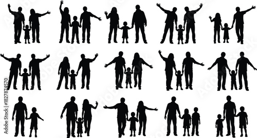 Joyful Family Silhouettes with Arms Raised in Celebration people parents