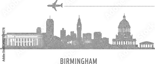 Birmingham City Skyline Dot Texture Silhouette with Airplane Travel Path