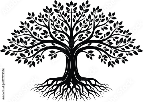 Intricate Black Silhouette of a Large Tree with Extensive Roots and Foliage on White Background Keywords: tree, silhouette, roots, branches