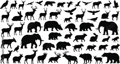 Large Collection of Black Silhouette Icons of Diverse Wildlife Animals on White Background Keywords: animals, wildlife, silhouette, black
