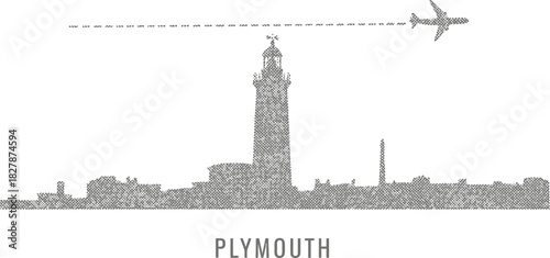 Plymouth City Skyline Silhouette with Textured Halftone Pattern and Flying Airplane