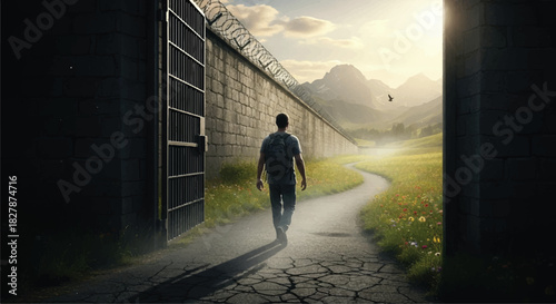 Man walking away from prison towards freedom and hope.