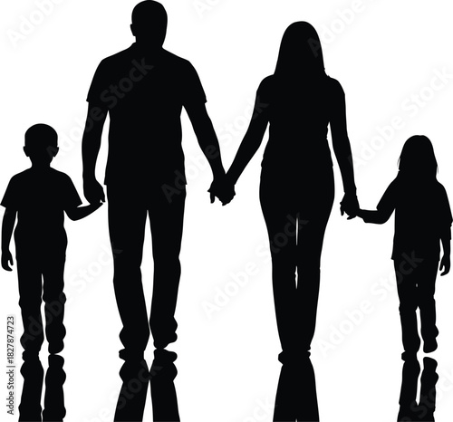 Silhouette of a family of four holding hands with reflections on a white background father