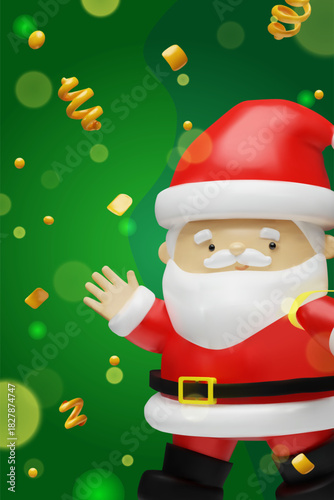 Christmas party poster a cheerful Santa Claus with golden confetti, holiday sparkles, playful decorations. Composition for invitations, event promotions, seasonal announcements, holiday celebrations.