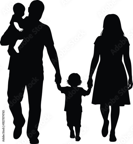 Silhouette of a family walking with a father carrying a baby on a white background mother