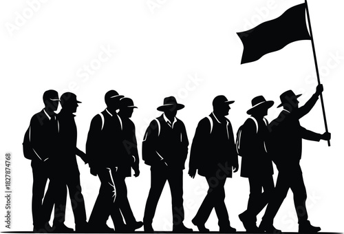 Silhouette of a group of men marching with a black flag on a white background walking