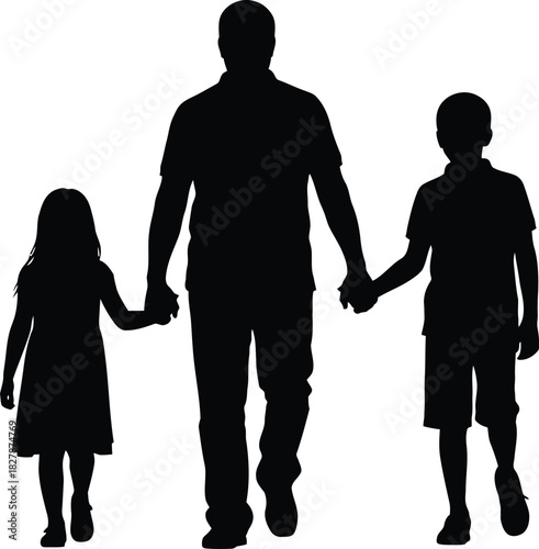 Silhouette of a father holding hands with his son and daughter on a white background family