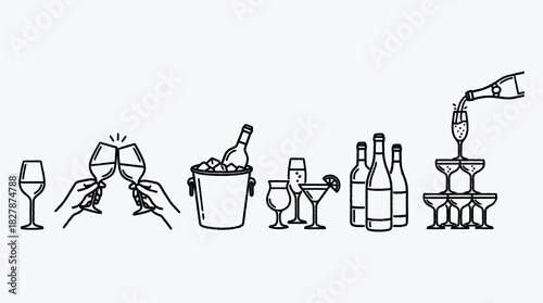 Celebration Time with Alcoholic Beverages Wine Glasses and Cocktail Decorations Illustration
