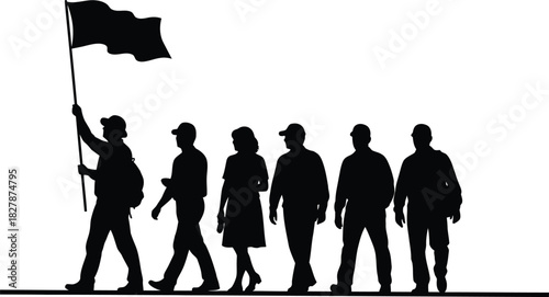 Silhouette of a group of people walking with a flag on a white background vector illustration