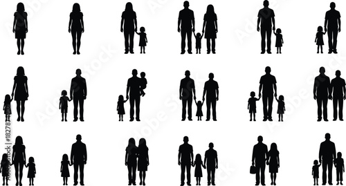 Silhouettes of Families and Individuals Standing Together on a White Background family