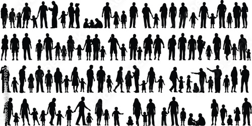 Silhouettes of Adults and Children in Various Poses on a White Background people family