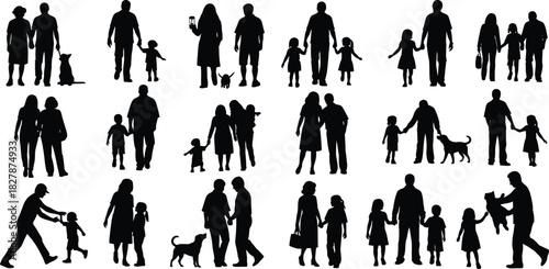 Silhouettes of Families Couples and Individuals with Pets on a White Background family