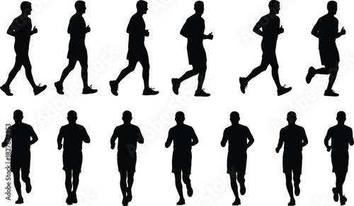 Silhouettes of male runners in motion side and front views on white background Keywords: running, runner, man, male, silhouette, motion