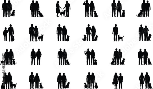 Silhouettes of People and Dogs in Various Poses on a White Background family couple
