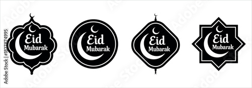 Eid Mubarak greetings with crescent moon and star in elegant geometric shapes for festive decorations and celebratory designs, perfect for Ramadan!