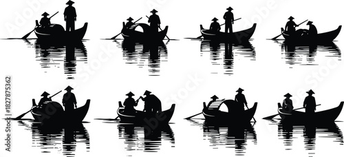 Illustration of silhouette of eight boats with people rowing on a reflective body of water, the scene evokes a sense of tranquility and tradition