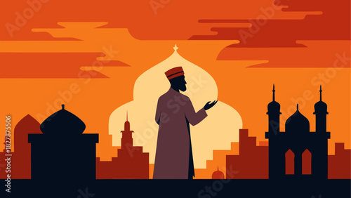 Silhouette of man praying at sunset time