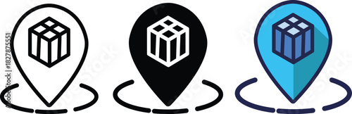 Location pin fused with a delivery box represents courier, logistics, or e-commerce