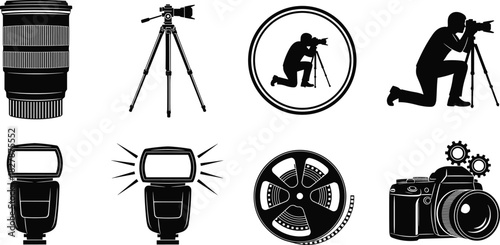 Illustration of a collection of photography equipment icons, including a camera lens, tripod, photographer, flash, film reel, and camera