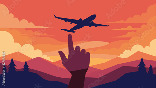 Airplane silhouette with hand landscape
