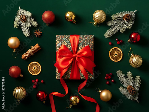 Festive Christmas gift with red bow and ornaments radiates holiday cheer, flat lay