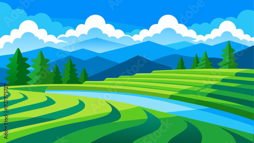 Illustration of rice terraces with trees
