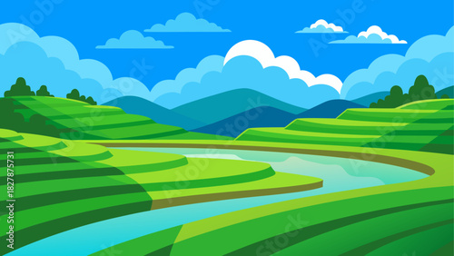 Terraced rice fields landscape with river