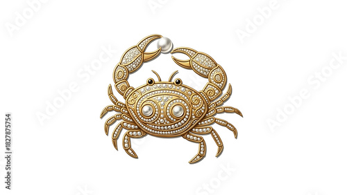 Ornate gold crab with pearl, jewel details, and intricate carvings, on black backdrop