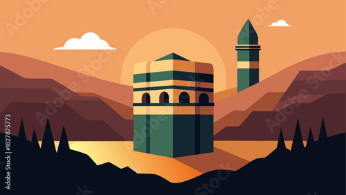 Illustration of the kaaba at sunset time