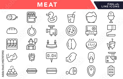 Meat Line Icon Set. Chicken, beef, pork, fish, shrimp, steak, octopus, barbecue, farm, dish, seafood, food, BBQ, sausage, fast food, culinary, cooking icons vector illustration. Pixel-perfect stroke
