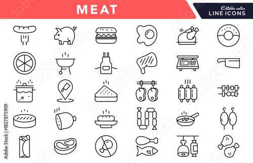 Meat linear icon set. Chicken, beef, pork, fish, shrimp, steak, octopus, barbecue, farm, dish, seafood, food, BBQ, fast food, culinary, cooking icons vector illustration.