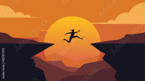 Silhouette jumping over cliff at sunset