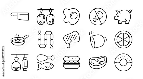 Meat Line Icon Set. Chicken, beef, pork, fish, shrimp, steak, octopus, barbecue, farm, dish, seafood, food, BBQ, sausage, fast food, culinary, cooking icons vector illustration. Pixel-perfect stroke