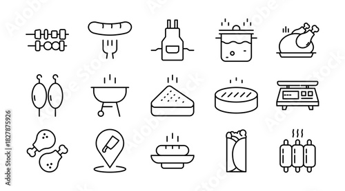 Meat Line Icon Set. Chicken, beef, pork, fish, shrimp, steak, octopus, barbecue, farm, dish, seafood, food, BBQ, sausage, fast food, culinary, cooking icons vector illustration. Pixel-perfect stroke