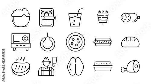 Meat Line Icon Set. Chicken, beef, pork, fish, shrimp, steak, octopus, barbecue, farm, dish, seafood, food, BBQ, sausage, fast food, culinary, cooking icons vector illustration. Pixel-perfect stroke