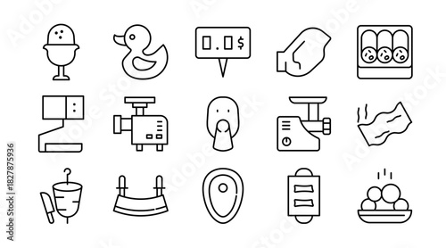 Meat Line Icon Set. Chicken, beef, pork, fish, shrimp, steak, octopus, barbecue, farm, dish, seafood, food, BBQ, sausage, fast food, culinary, cooking icons vector illustration. Pixel-perfect stroke