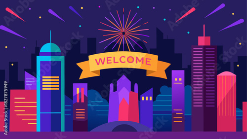 Welcome banner over colorful cityscape art