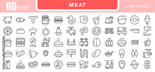 Meat Line Icon Set. Chicken, beef, fish, shrimp, octopus, barbecue, farm, dish, seafood, food, BBQ, sausage, fast food, culinary, cooking icons vector illustration. Editable pixel-perfect stroke