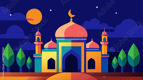 Illustration of a mosque at night time