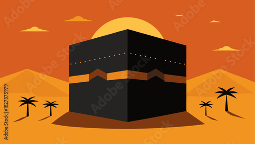 Illustration of kaaba with desert palms