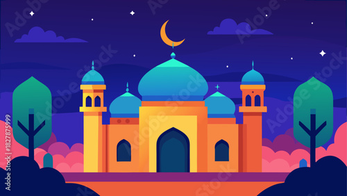 Illustration of a mosque at night time