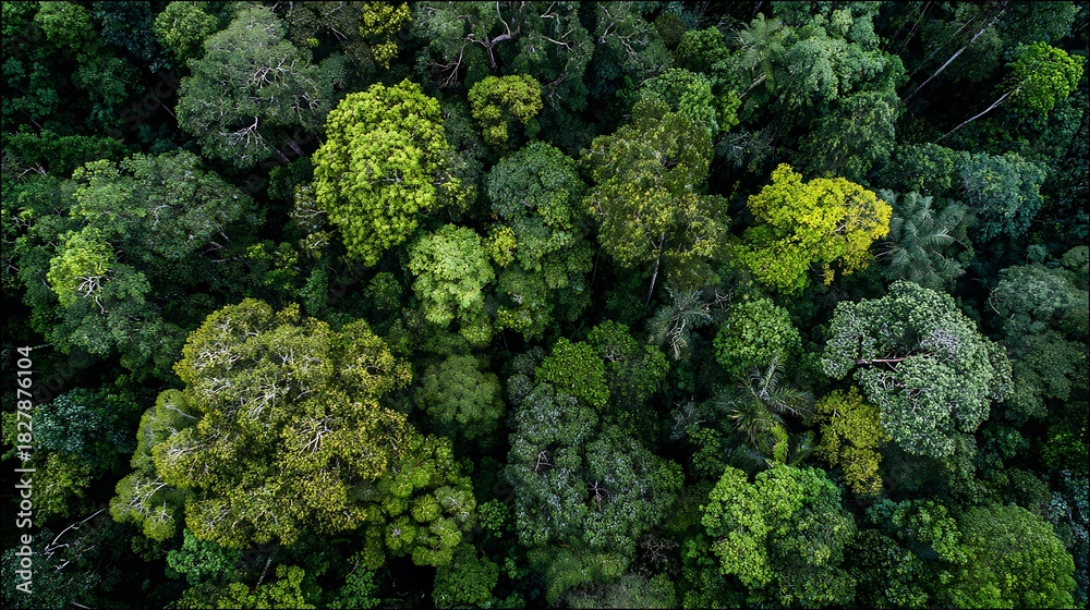Naklejka premium Aerial view of a dense, lush green forest canopy with varied tree shapes and textures, showcasing natures vibrant ecosystem