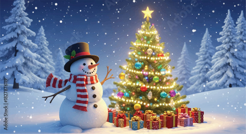 Festive snowman stands beside a decorated Christmas tree with gifts.