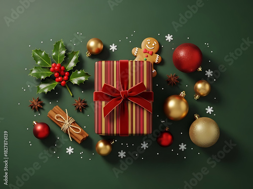 Festive Christmas gift with ornaments and gingerbread man for joyful holiday spirit