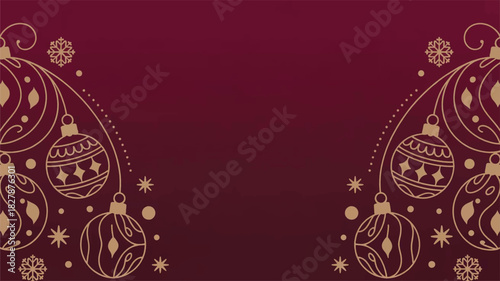 Elegant burgundy Christmas banner with matte-gold ornaments and balanced geometric elements for refined design