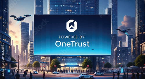 OneTrust Logo Displayed on a Large Digital Billboard in a Futuristic City.