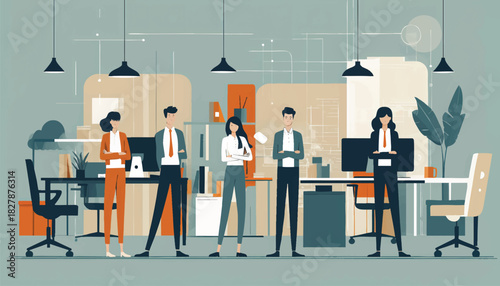 Illustration of business professionals standing and working in a modern office with desks, computers, and minimalist decor, conveying a professional and productive atmosphere.