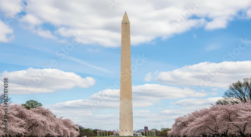 Washington Monument stands tall against a partly cloudy sky.