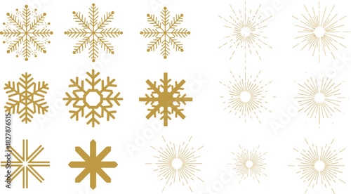 Golden Christmas Set Snowflake and Burst Vector Graphics for Festive Design Projects
